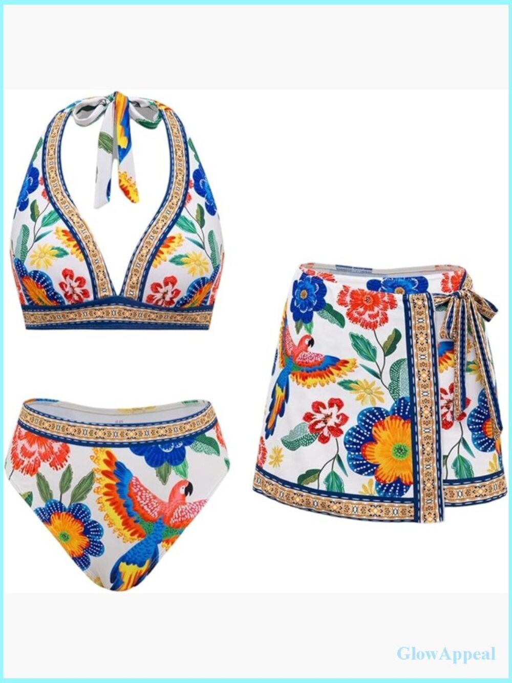 Floral Tropical Print Boho Bikini Set 3 Piece Halter Triangle Swimsuit with